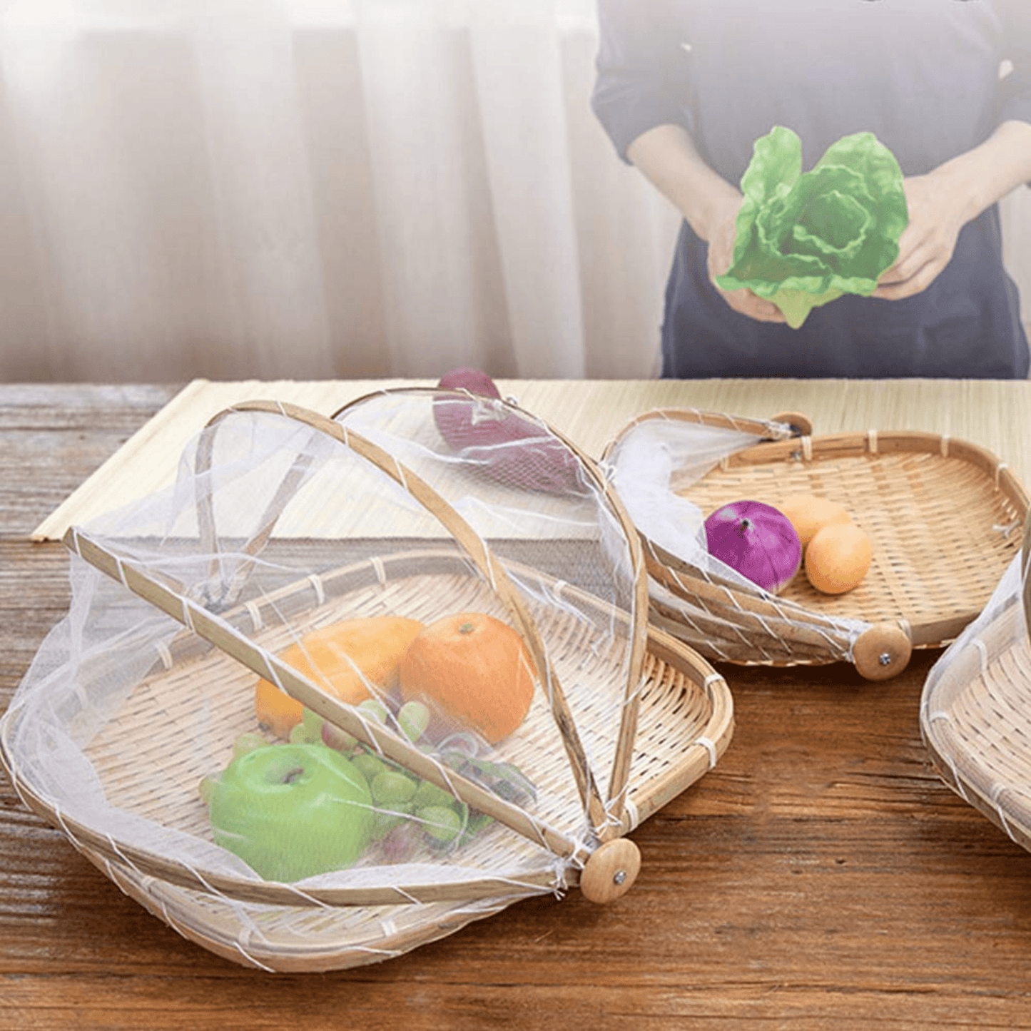 Multi-Purpose Bamboo Basket with Mesh Food Cover