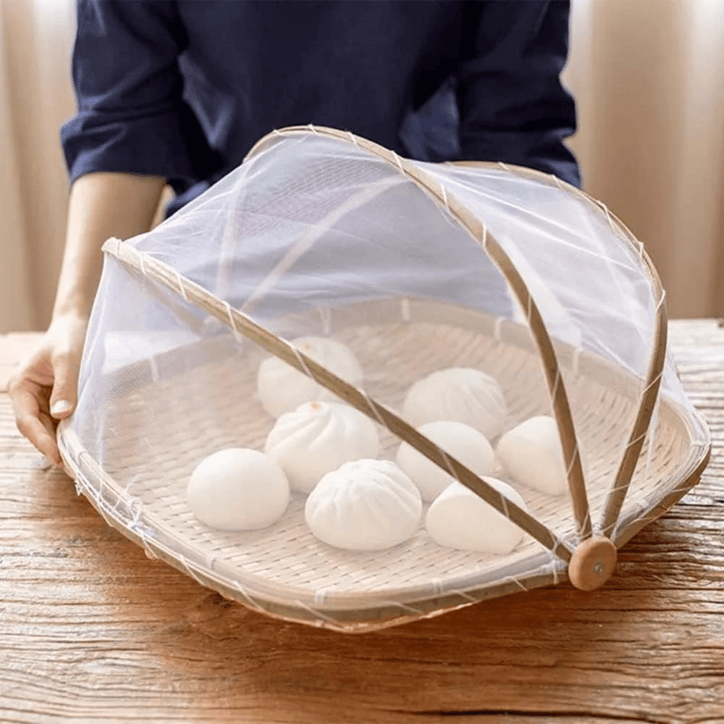 Multi-Purpose Bamboo Basket with Mesh Food Cover