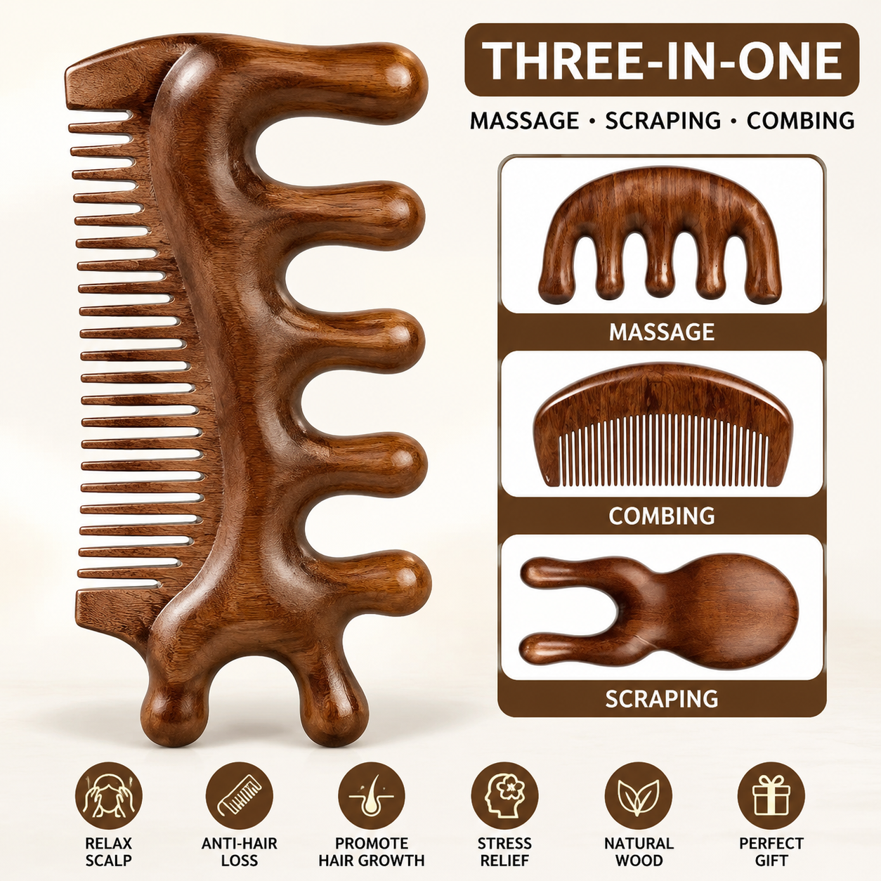 3-in-1 Wooden Scalp Massage & Hair Comb