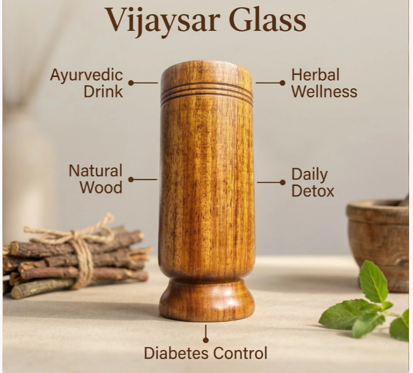 Vijaysar Wooden Glass 🌿 – Natural Sugar Balance Tumbler 🩺✨